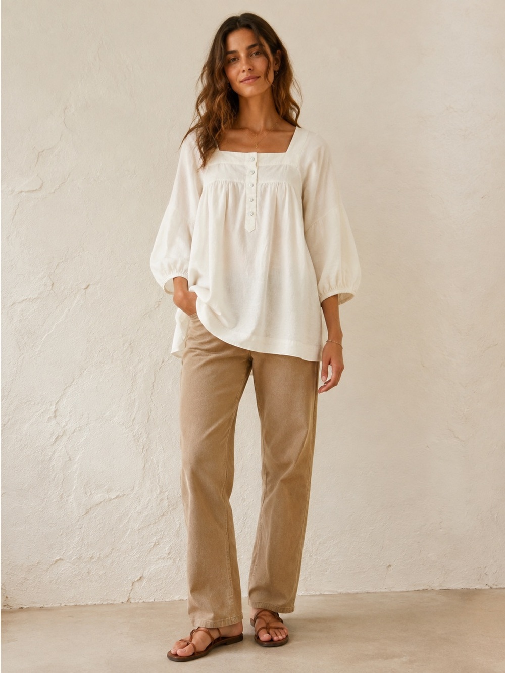 Sandro Off white Square Neck Balloon Sleeve Tunic Top XL Rayon/Linen Blend
